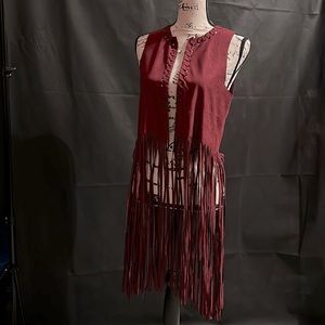 Maroon Red Small S Long Fringe Vest Top Faux Suede Country Cowgirl